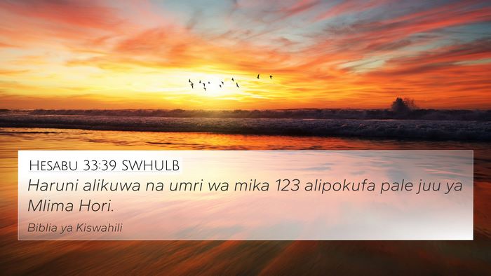 Hesabu 33:39 SWHULB 4K Wallpaper - Haruni alikuwa na umri wa mika 123 alipokufa pale - 4K Wallpaper Bible Verse