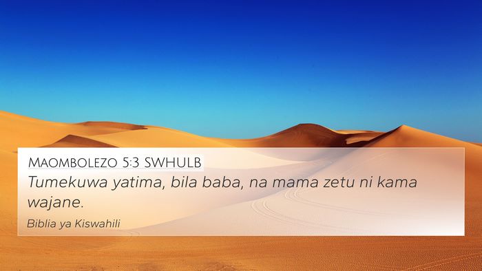 Maombolezo 5:3 SWHULB Bible Verse Image
