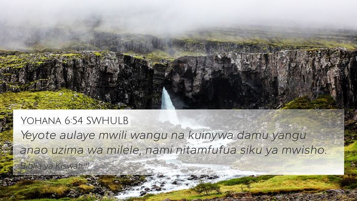 Yohana 6:54 SWHULB 4K Wallpaper - Yeyote aulaye mwili wangu na kuinywa damu yangu - 4K Wallpaper Bible Verse