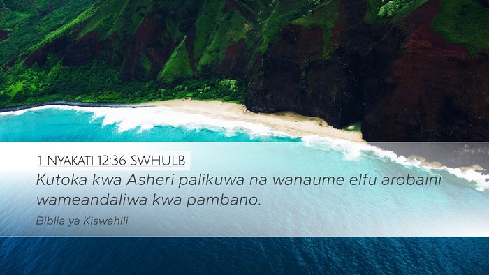 1 Nyakati 12:36 SWHULB Desktop Wallpaper - Kutoka kwa Asheri palikuwa na wanaume elfu - Desktop Bible Verse Wallpaper