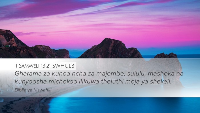 1 Samweli 13:21 SWHULB Desktop Wallpaper - Gharama za kunoa ncha za majembe, sululu, mashoka - Desktop Bible Verse Wallpaper
