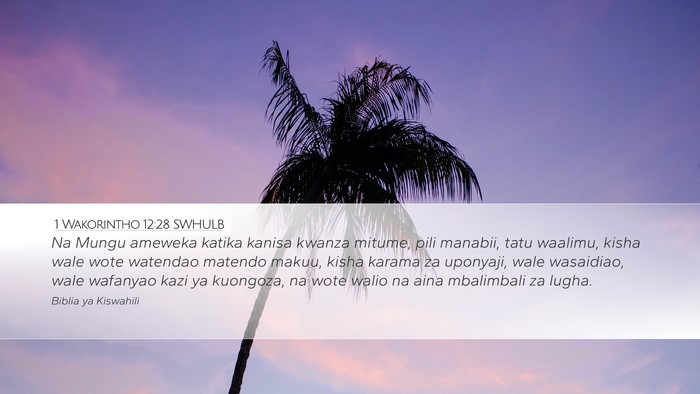 1 Wakorintho 12:28 SWHULB Bible Verse Image