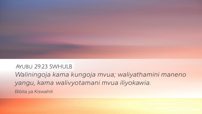 Ayubu 29:23 SWHULB Desktop Wallpaper - Waliningoja kama kungoja mvua; waliyathamini - Desktop Bible Verse Wallpaper