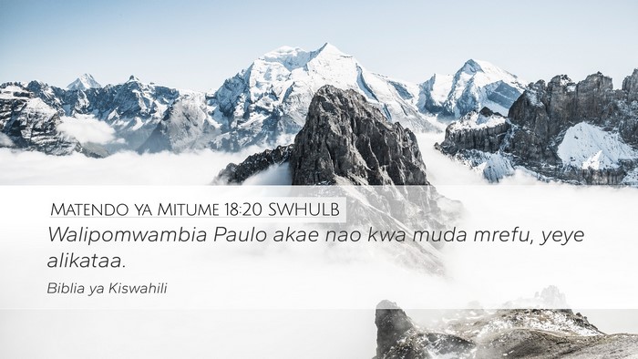 Matendo ya Mitume 18:20 SWHULB Bible Verse Image