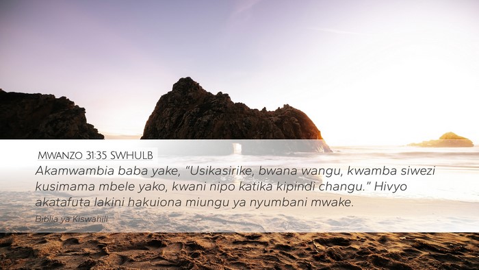 Mwanzo 31:35 SWHULB Bible Verse Image