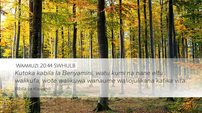 Waamuzi 20:44 SWHULB Desktop Wallpaper - Kutoka kabila la Benyamini, watu kumi na nane - Desktop Bible Verse Wallpaper