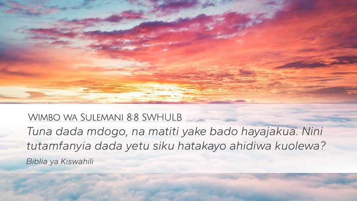 Wimbo wa Sulemani 8:8 SWHULB Desktop Wallpaper - Tuna dada mdogo, na matiti yake bado hayajakua. - Desktop Bible Verse Wallpaper