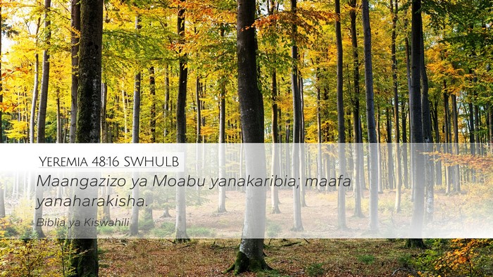 Yeremia 48:16 SWHULB Desktop Wallpaper - Maangazizo ya Moabu yanakaribia; maafa - Desktop Bible Verse Wallpaper