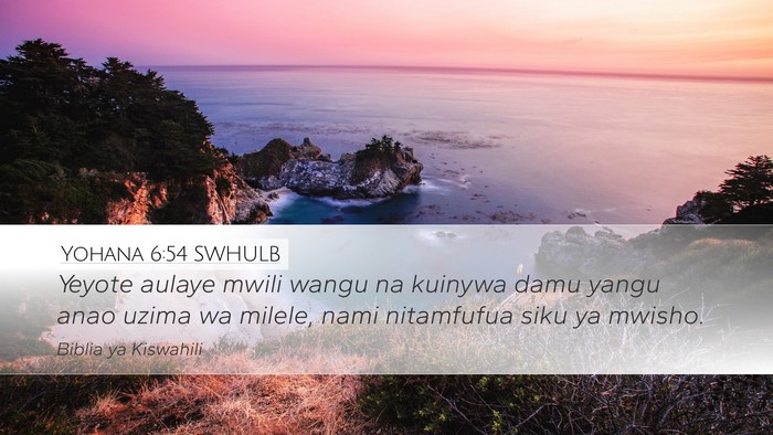 Yohana 6:54 SWHULB Desktop Wallpaper - Yeyote aulaye mwili wangu na kuinywa damu yangu - Desktop Bible Verse Wallpaper