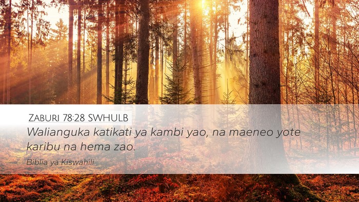 Zaburi 78:28 SWHULB Desktop Wallpaper - Walianguka katikati ya kambi yao, na maeneo yote - Desktop Bible Verse Wallpaper