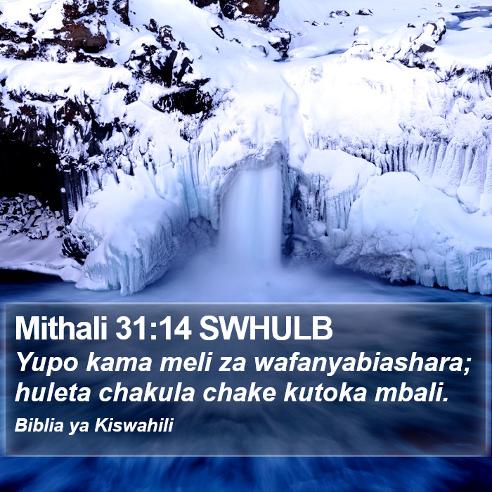 Mithali 31:14 SWHULB - Yupo kama meli za wafanyabiashara; huleta chakula - Bible Verse Picture