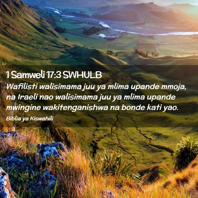 Picture 02 - 1 Samweli 17:3 SWHULB - Wafilisti walisimama juu ya mlima upande mmoja, - Bible Verse Picture