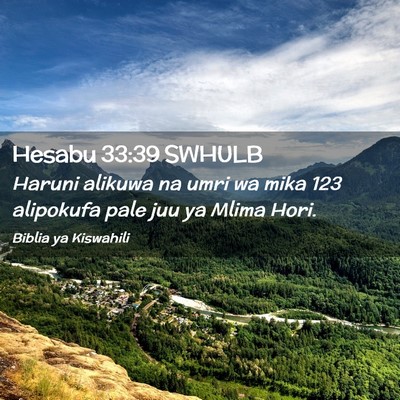 Picture 02 - Hesabu 33:39 SWHULB - Haruni alikuwa na umri wa mika 123 alipokufa pale - Bible Verse Picture