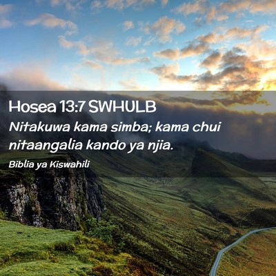 Picture 02 - Hosea 13:7 SWHULB - Nitakuwa kama simba; kama chui nitaangalia kando - Bible Verse Picture