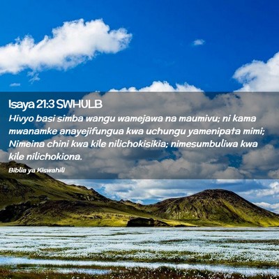 Picture 02 - Isaya 21:3 SWHULB - Hivyo basi simba wangu wamejawa na maumivu; ni - Bible Verse Picture