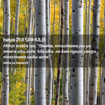 Picture 02 - Isaya 21:8 SWHULB - Mlinzi analia nje, ''Bwana, ninasimama juu ya - Bible Verse Picture