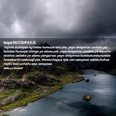 Picture 02 - Isaya 66:3 SWHULB - Yeyote achinjae ng'ombe humuua mtu pia; yeye - Bible Verse Picture