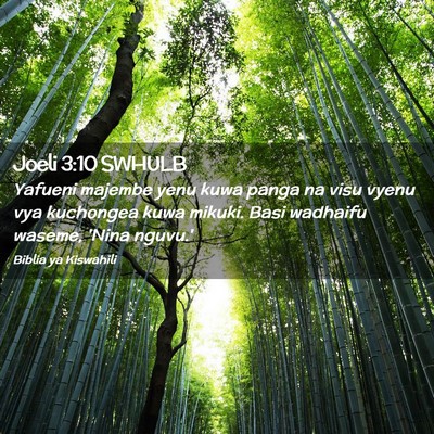 Picture 02 - Joeli 3:10 SWHULB - Yafueni majembe yenu kuwa panga na visu vyenu vya - Bible Verse Picture