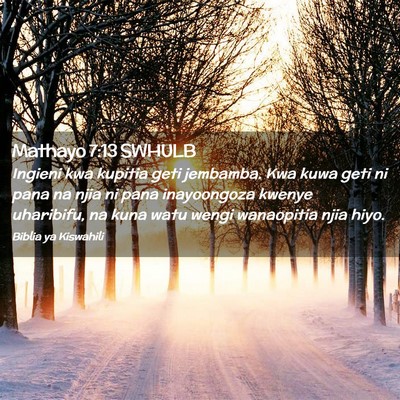Picture 02 - Mathayo 7:13 SWHULB - Ingieni kwa kupitia geti jembamba. Kwa kuwa geti - Bible Verse Picture