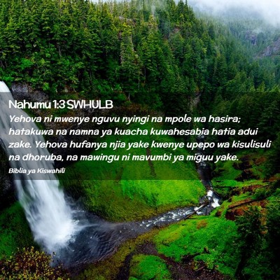 Picture 02 - Nahumu 1:3 SWHULB - Yehova ni mwenye nguvu nyingi na mpole wa hasira; - Bible Verse Picture