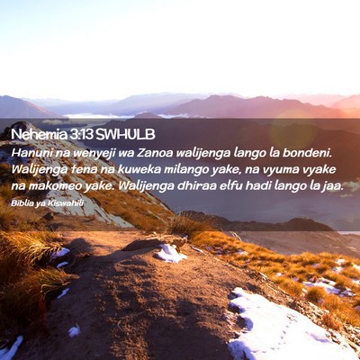 Picture 02 - Nehemia 3:13 SWHULB - Hanuni na wenyeji wa Zanoa walijenga lango la - Bible Verse Picture