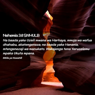 Picture 02 - Nehemia 3:8 SWHULB - Na baada yake Uzieli mwana wa Harhaya, mmoja wa - Bible Verse Picture
