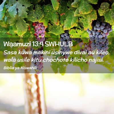 Picture 02 - Waamuzi 13:4 SWHULB - Sasa kuwa makini usinywe divai au kileo, wala - Bible Verse Picture