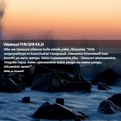 Picture 02 - Waamuzi 14:16 SWHULB - Mke wa Samsoni alianza kulia mbele yake; Akasema, - Bible Verse Picture