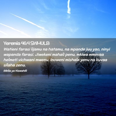 Picture 02 - Yeremia 46:4 SWHULB - Watieni farasi lijamu na hatamu, na mpande juu - Bible Verse Picture