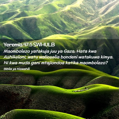 Picture 02 - Yeremia 47:5 SWHULB - Maombolezo yatakuja juu ya Gaza. Hata kwa - Bible Verse Picture