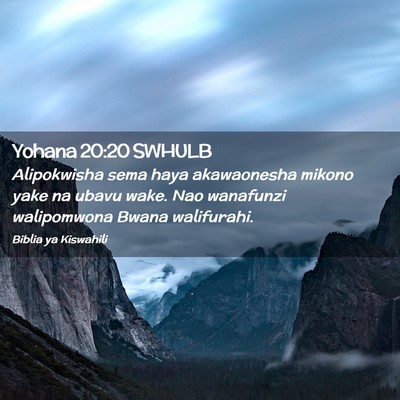 Picture 02 - Yohana 20:20 SWHULB - Alipokwisha sema haya akawaonesha mikono yake na - Bible Verse Picture