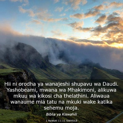 Picture 03 - 1 Nyakati 11:11 SWHULB - Hii ni orodha ya wanajeshi shupavu wa Daudi. - Bible Verse Picture