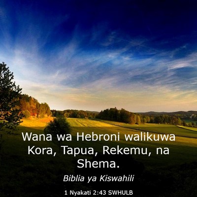Picture 03 - 1 Nyakati 2:43 SWHULB - Wana wa Hebroni walikuwa Kora, Tapua, Rekemu, na - Bible Verse Picture