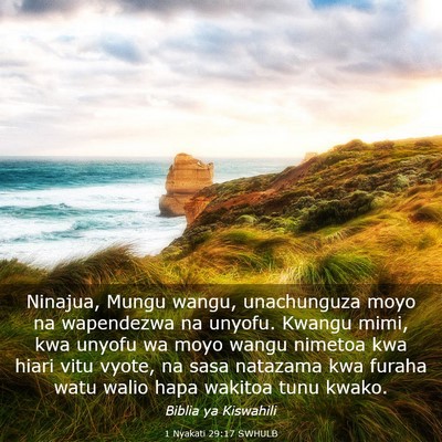 Picture 03 - 1 Nyakati 29:17 SWHULB - Ninajua, Mungu wangu, unachunguza moyo na - Bible Verse Picture