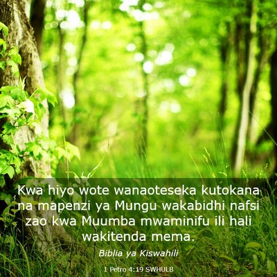 Picture 03 - 1 Petro 4:19 SWHULB - Kwa hiyo wote wanaoteseka kutokana na mapenzi ya - Bible Verse Picture