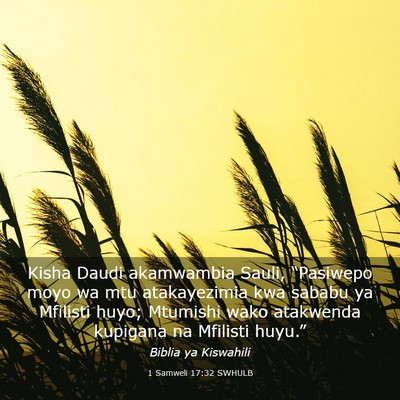 Picture 03 - 1 Samweli 17:32 SWHULB - Kisha Daudi akamwambia Sauli, “Pasiwepo moyo wa - Bible Verse Picture