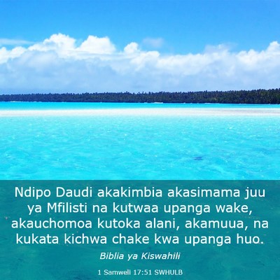 Picture 03 - 1 Samweli 17:51 SWHULB - Ndipo Daudi akakimbia akasimama juu ya Mfilisti - Bible Verse Picture