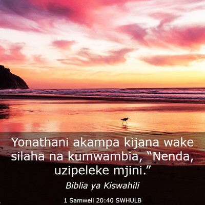 Picture 03 - 1 Samweli 20:40 SWHULB - Yonathani akampa kijana wake silaha na kumwambia, - Bible Verse Picture
