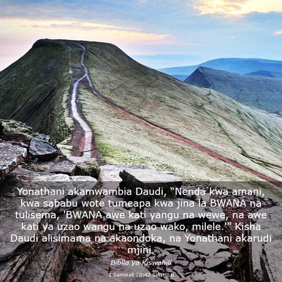 Picture 03 - 1 Samweli 20:42 SWHULB - Yonathani akamwambia Daudi, “Nenda kwa amani, - Bible Verse Picture