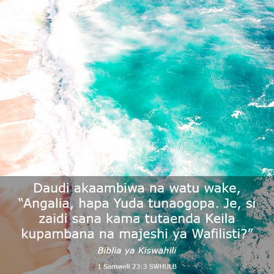 Picture 03 - 1 Samweli 23:3 SWHULB - Daudi akaambiwa na watu wake, “Angalia, hapa - Bible Verse Picture