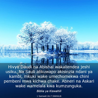 Picture 03 - 1 Samweli 26:7 SWHULB - Hivyo Daudi na Abishai wakaliendea jeshi usiku. - Bible Verse Picture