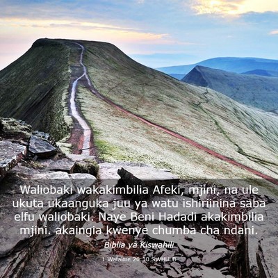 Picture 03 - 1 Wafalme 20:30 SWHULB - Waliobaki wakakimbilia Afeki, mjini, na ule ukuta - Bible Verse Picture