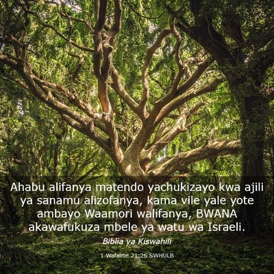 Picture 03 - 1 Wafalme 21:26 SWHULB - Ahabu alifanya matendo yachukizayo kwa ajili ya - Bible Verse Picture