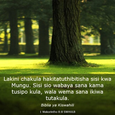 Picture 03 - 1 Wakorintho 8:8 SWHULB - Lakini chakula hakitatuthibitisha sisi kwa Mungu. - Bible Verse Picture