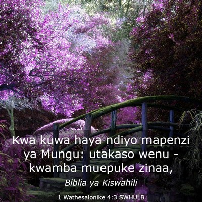 Picture 03 - 1 Wathesalonike 4:3 SWHULB - Kwa kuwa haya ndiyo mapenzi ya Mungu: utakaso - Bible Verse Picture
