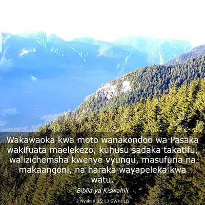 Picture 03 - 2 Nyakati 35:13 SWHULB - Wakawaoka kwa moto wanakondoo wa Pasaka wakifuata - Bible Verse Picture