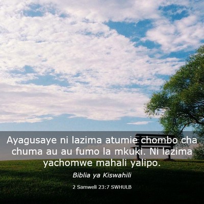 Picture 03 - 2 Samweli 23:7 SWHULB - Ayagusaye ni lazima atumie chombo cha chuma au au - Bible Verse Picture