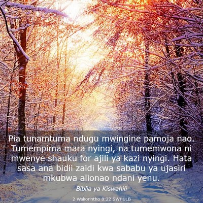 Picture 03 - 2 Wakorintho 8:22 SWHULB - Pia tunamtuma ndugu mwingine pamoja nao. - Bible Verse Picture