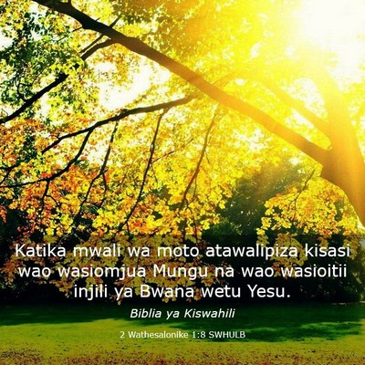 Picture 03 - 2 Wathesalonike 1:8 SWHULB - Katika mwali wa moto atawalipiza kisasi wao - Bible Verse Picture
