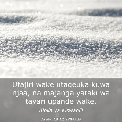 Picture 03 - Ayubu 18:12 SWHULB - Utajiri wake utageuka kuwa njaa, na majanga - Bible Verse Picture